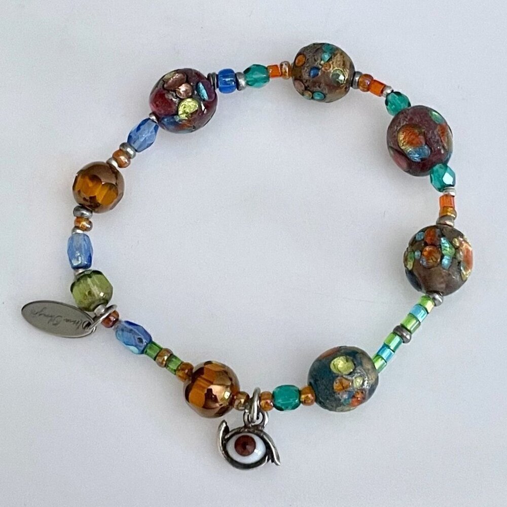 Irma Obregón Sterling Silver Evil Eye Lampwork Bead Handmade Stretch Bracelet OS